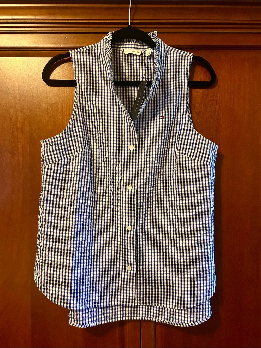 Tommy Hilfiger Blue and White Gingham Sleeveless Button-Down Top NWT